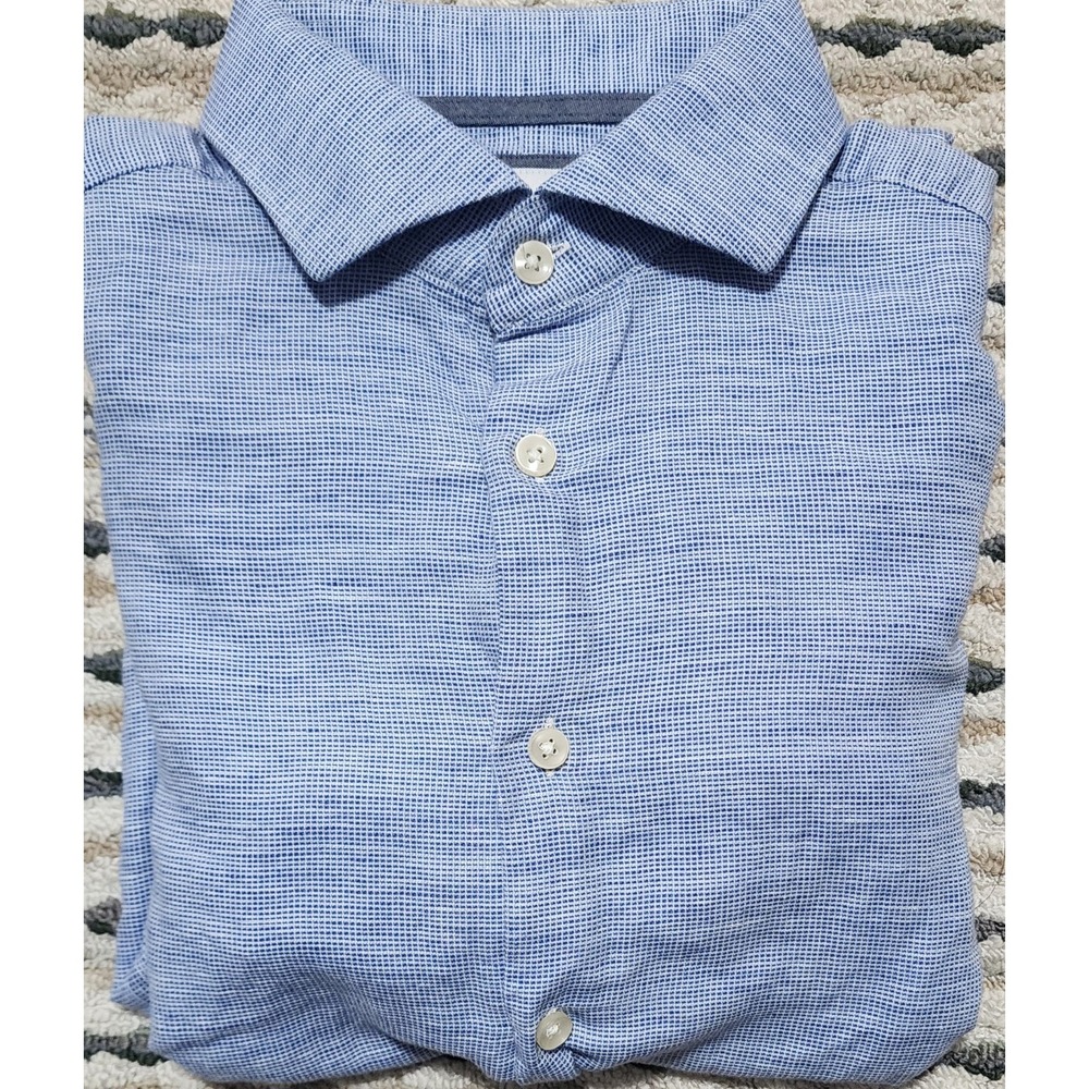 Charles Tyrwhitt Mens Blue Check Linen Cotton Slim Fit Dress Shirt Size 16 X 35